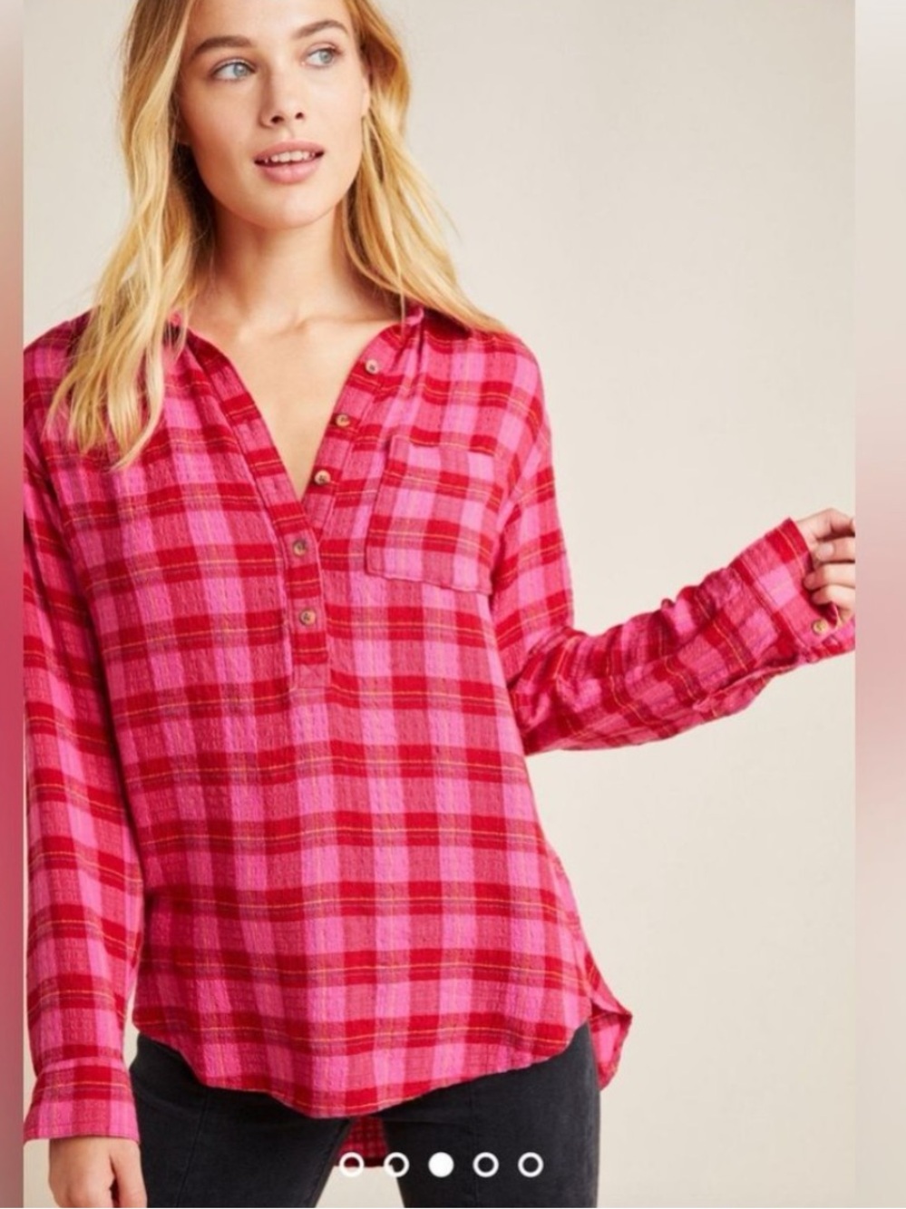Anthropologie Isadora Plaid Flannel Tunic M Pink Red Button Back Oversized - Picture 2 of 6